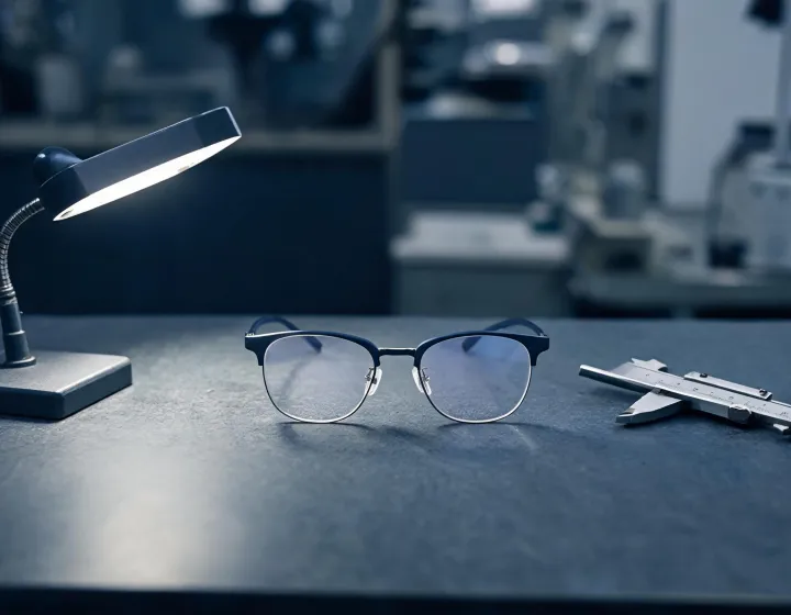 Photochromic glasses lens samples on an optical bench, illustration only